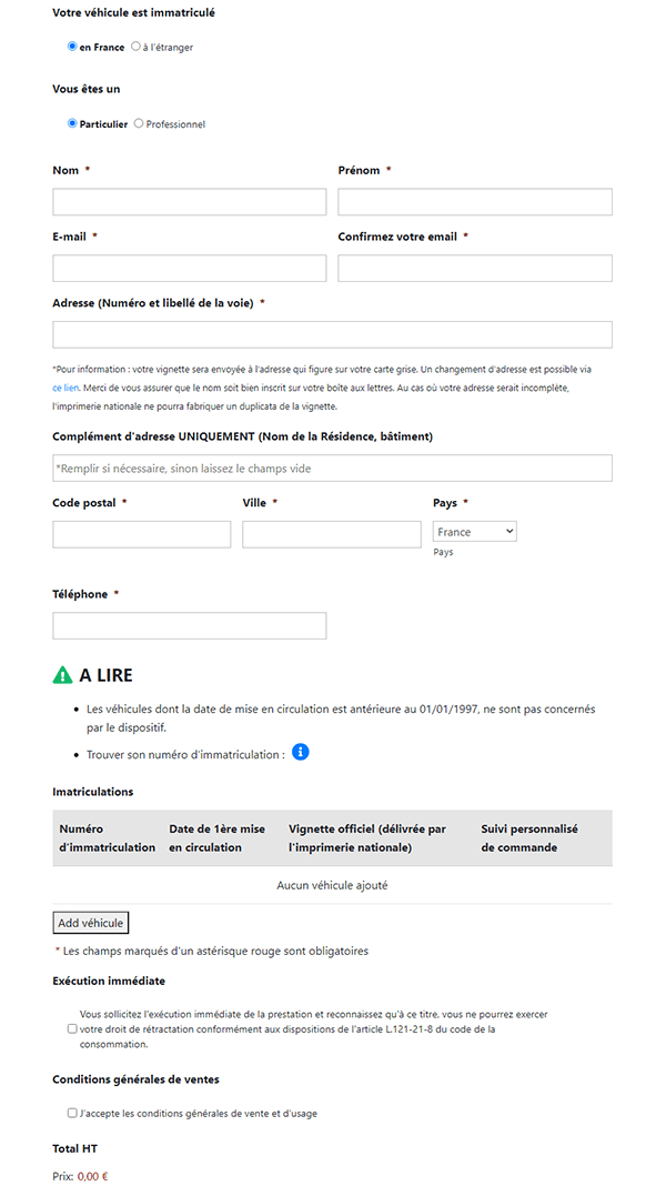 Formulaire vignette critair